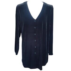 Classic Elements SZ 2XL Black Velour Women's Button Up V-Neck Tunic Top